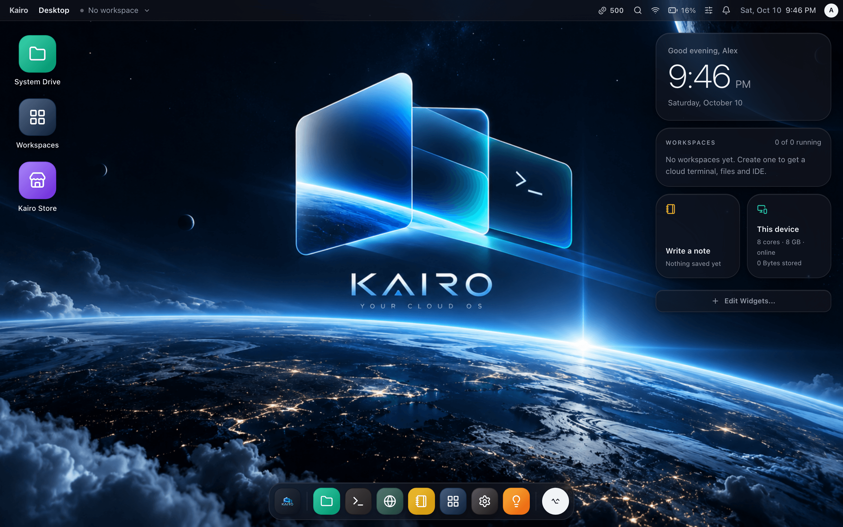 The Kairo desktop running in a browser, with a dock, desktop icons and widgets