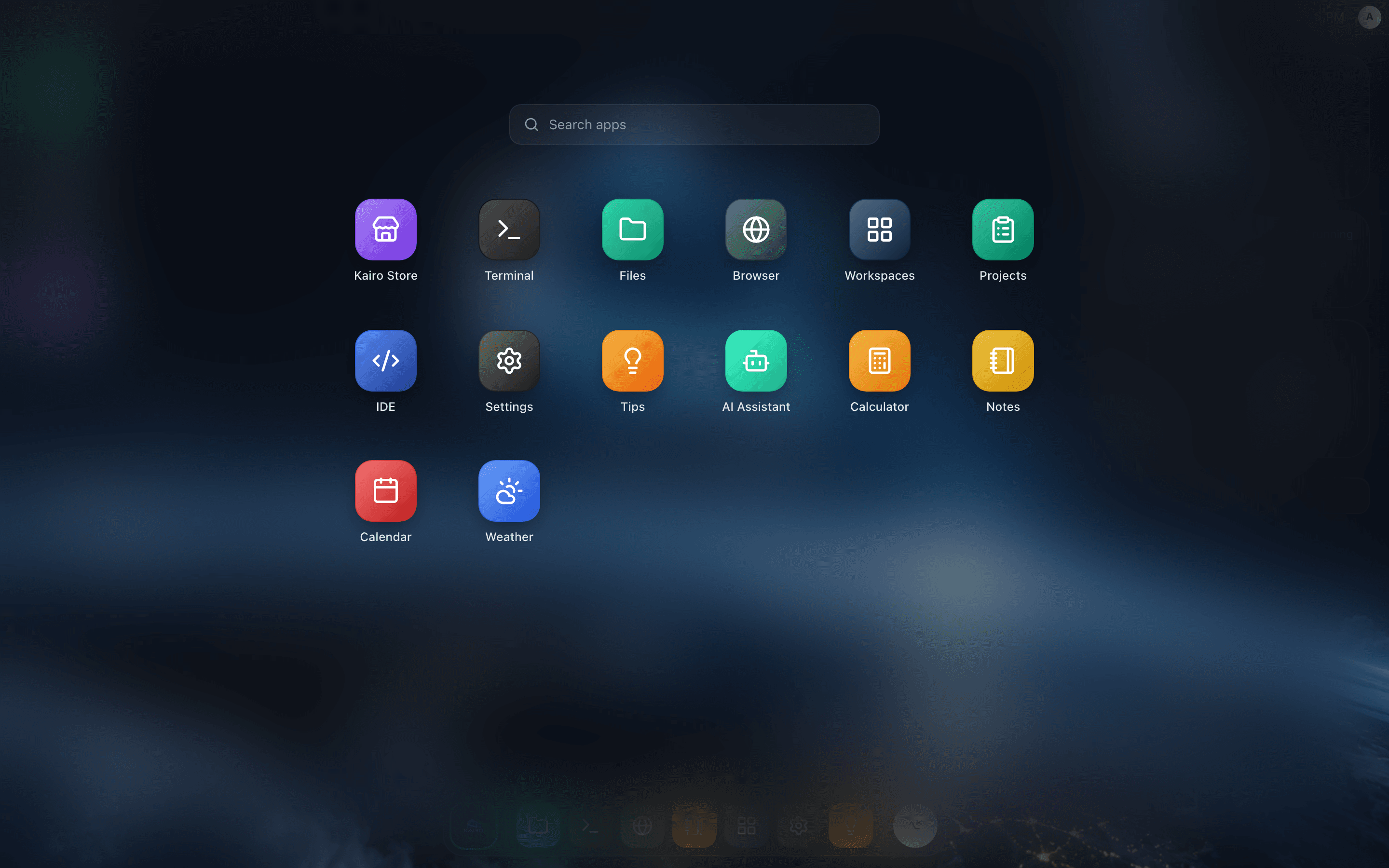 The Kairo launchpad showing the installed apps