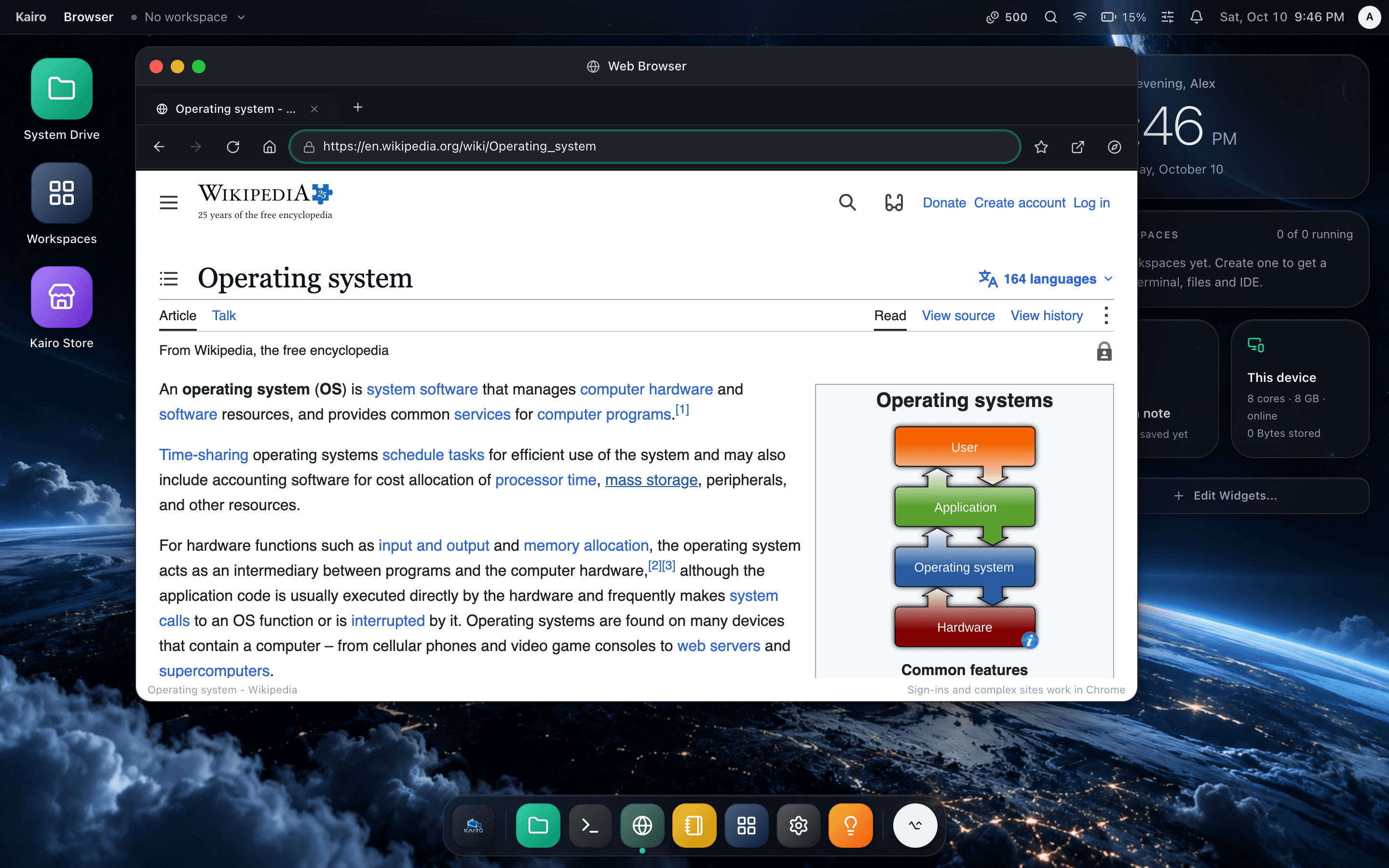 The built-in browser opens everyday sites in tabs