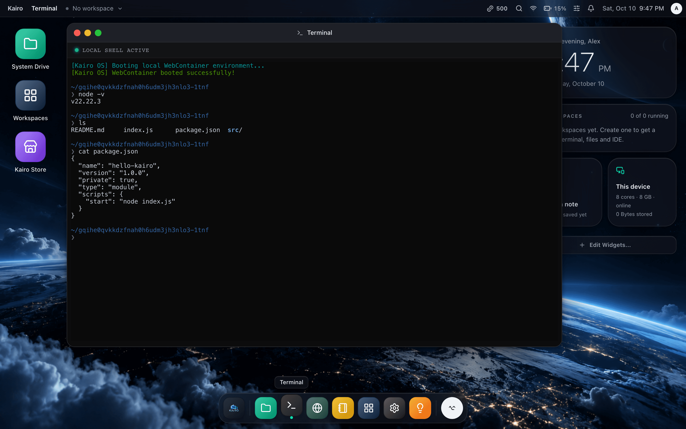 The Kairo terminal running Node.js commands