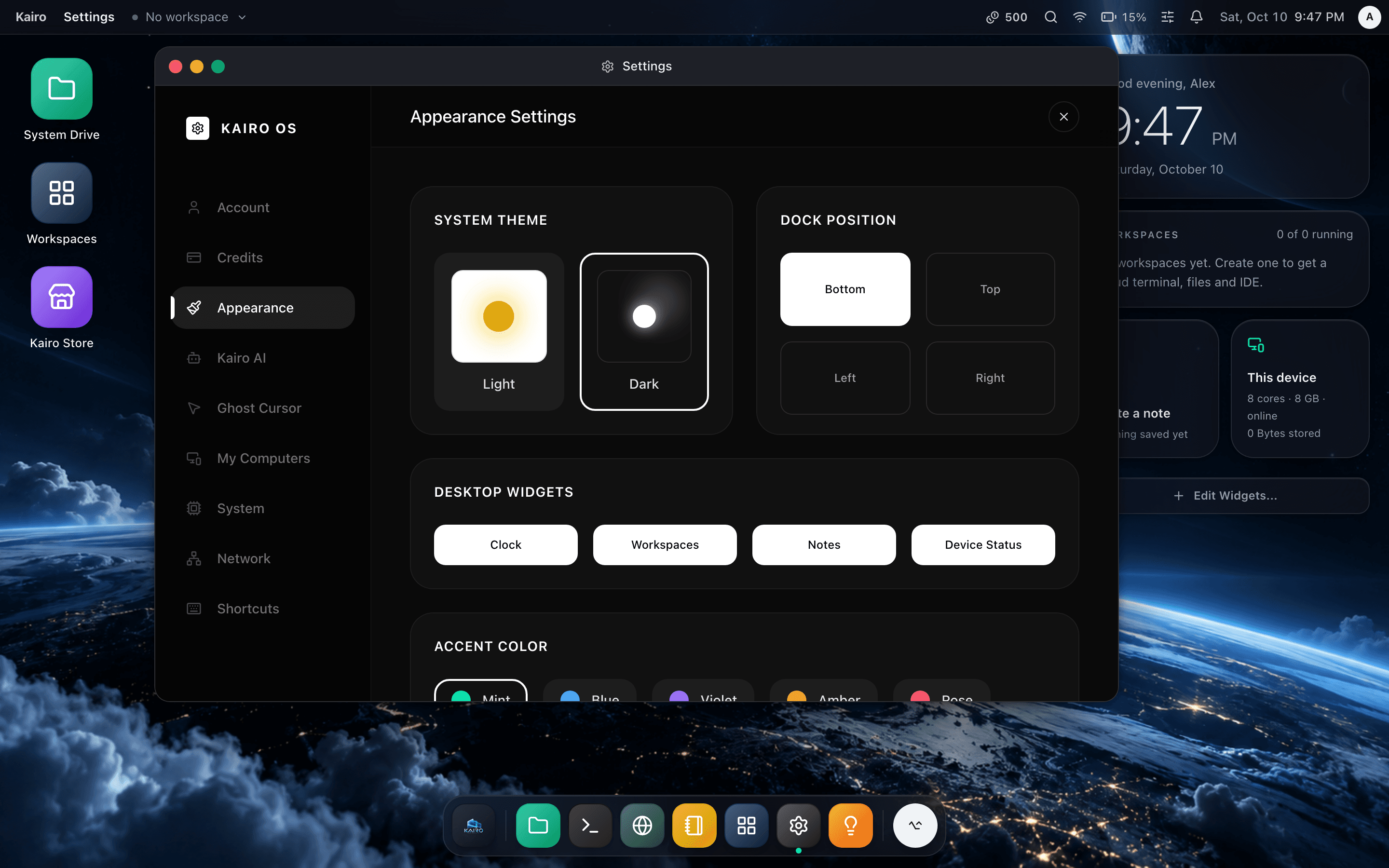 Choose a theme, dock position, widgets and accent colour