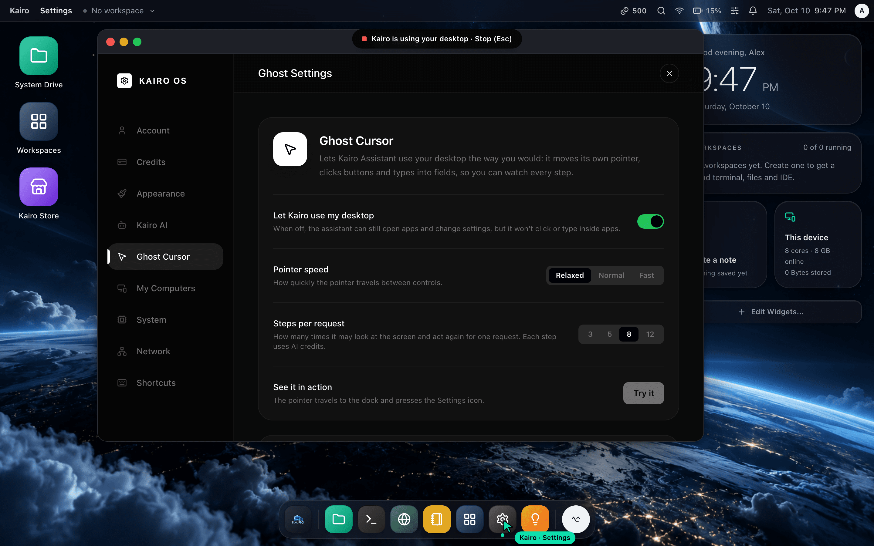 Kairo Assistant moving its pointer across the Settings app
