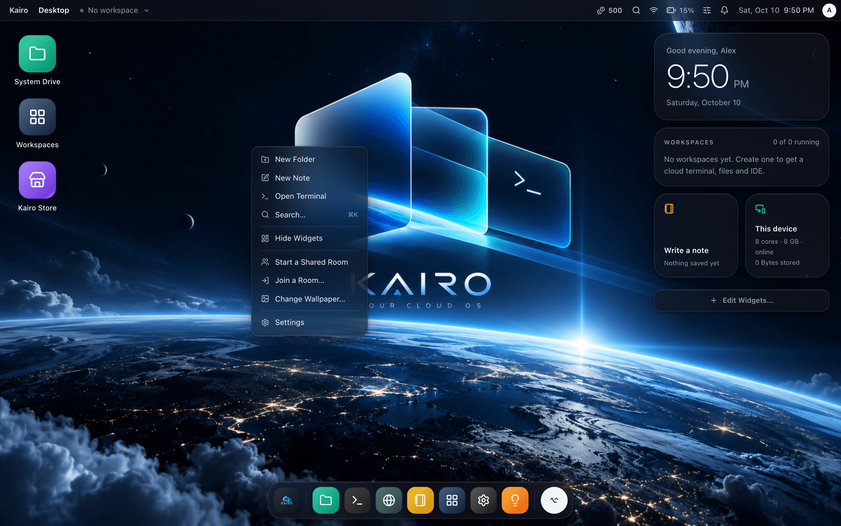 Right-click the desktop for folders, notes, search and shared rooms