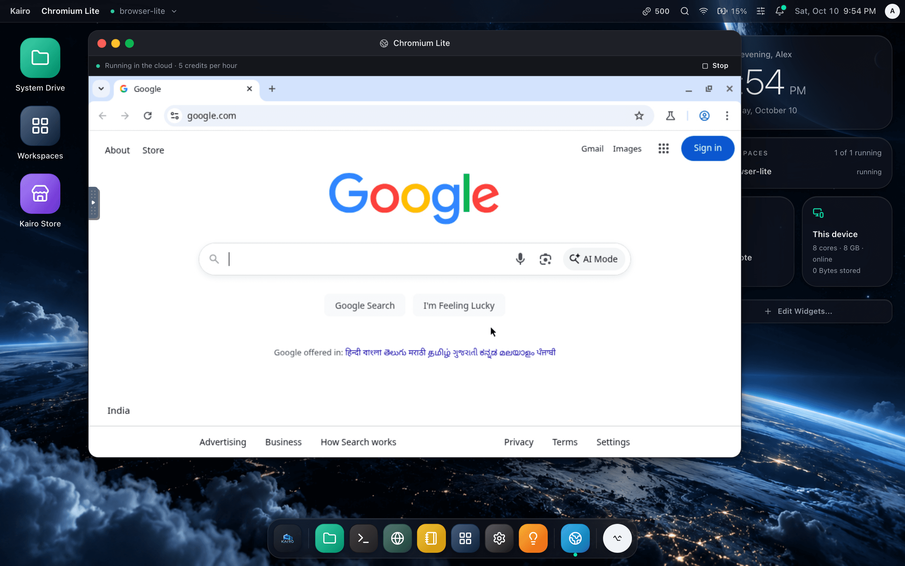Chromium running on a cloud machine inside a Kairo window